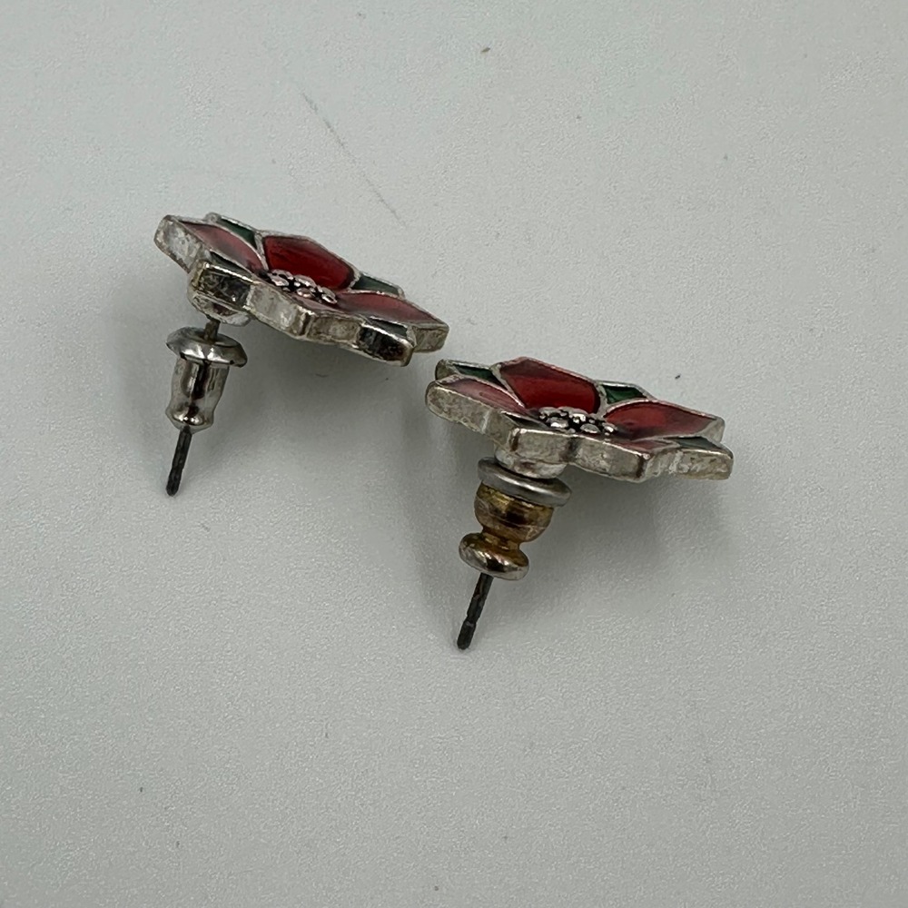 VTG Kenneth Cole Poinsettia Enamel post Earrings Red Green Signed KC Christmas - Picture 6 of 6